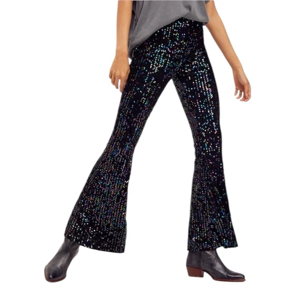NWT Free People Sequin Slim Pull On Flare Pants Size XS